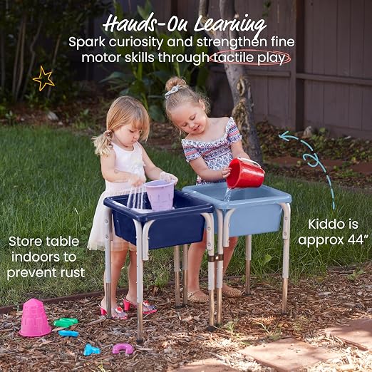 ECR4Kids 2-Station Sand and Water Adjustable Play Table, Sensory Bins, Navy/Powder Blue | Durable plastic/steel, GREENGUARD Gold Certified, 3-5 years, 80 lb capacity, adjustable legs, easy-lift lids, indoor/outdoor