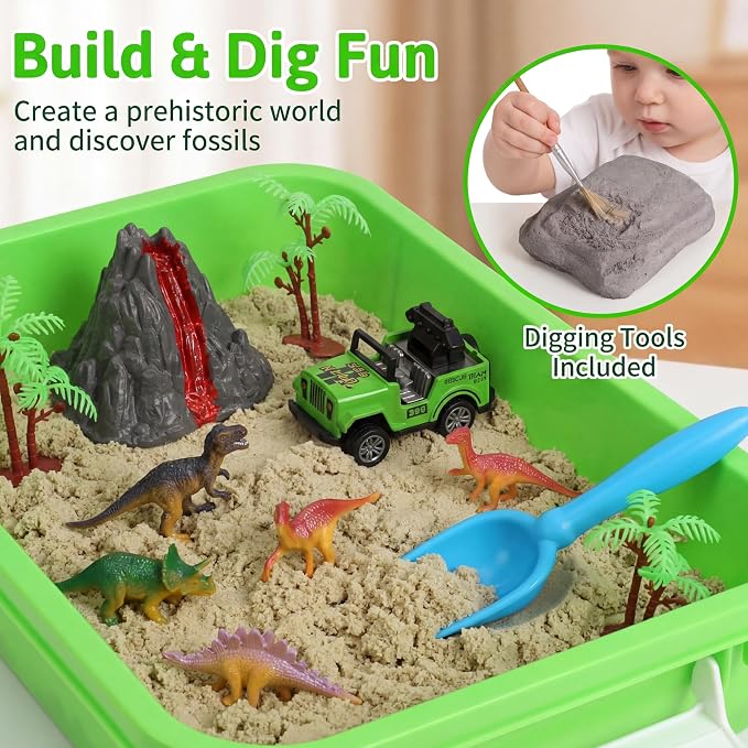AGENTLAN Dinosaur Sensory Bin with Sensory Sand, Gifts for Boys Ages 3-8 | dinosaur dig sand box with dinosaurs, volcano, and tools, indoor and outdoor activity, toddler dinosaur toys