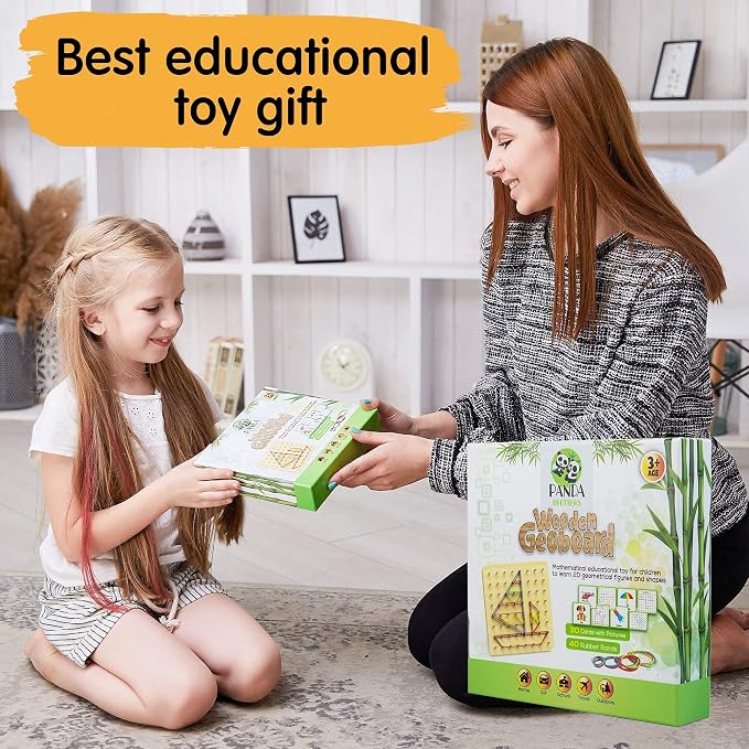 Wooden Geoboard - Montessori Toys for 3 4 5 Year Old Kids and Toddlers, Educational Toy with 30 Pattern Cards and 40 Rubber Bands to Create Figures, Brain Teaser STEM Toy Geo Board
