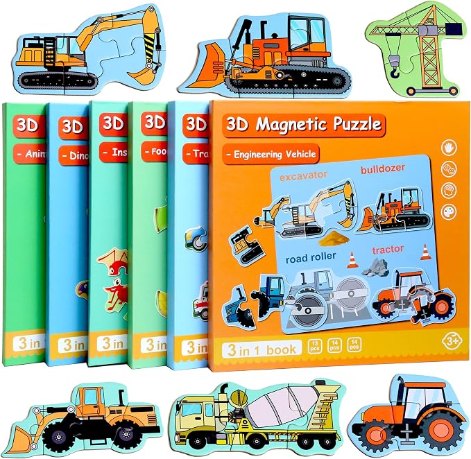 Magnetic Puzzles for Kids Ages 3-5, Travel Toddler Excavator Puzzle Toy | Refrigerator Magnet Game for Ages 4-6, Learning & Birthday Gift for Boys, Car Airplane Road Trip Quiet-Time Activity Toys