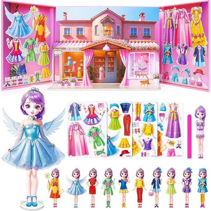 Magnetic Dress Up Dolls for Girls - Princess Magnet Paper Dolls Book with 3D City Buildings - Travel Car Trip Quiet Book Game Toys Easter Birthday Gifts for Kids Toddlers Ages 3 4 5 6 7(Style B)