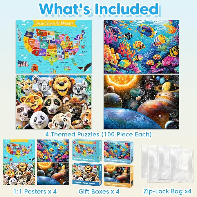 Jeacirio 4 Pack 100 Piece Puzzles for Kids Ages 4-6 6-8 8-10, Educational Jigsaw Puzzles for Kids, USA Map Ocean Animals Space Wild Animals Puzzle Set, Learning Toys Gifts for Boys Girls