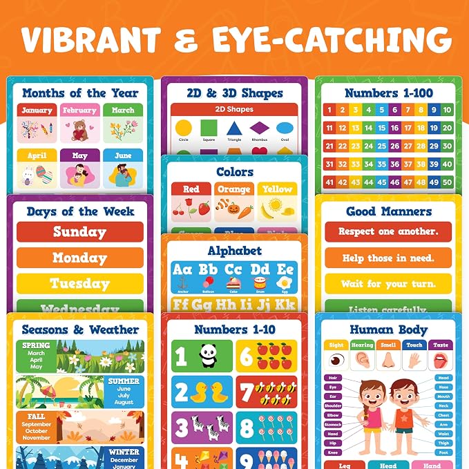 Educational Learning Posters for Toddlers 1-3 - 20pc Classroom Toddler Learning Posters - 16” x 11” Classroom Decor, Back to School Teacher Supplies - Kindergarten Preschool Classroom Must Haves