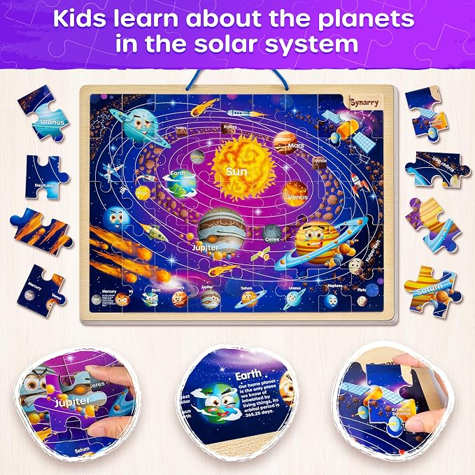 SYNARRY Large USA World Solar System Wooden Magnetic Puzzles for Kids Ages 4-6, Wood Puzzles Educational Games Toys Easter Gifts for Toddlers, United States World Space Map for Boys Girls Ages 3-5 4-8
