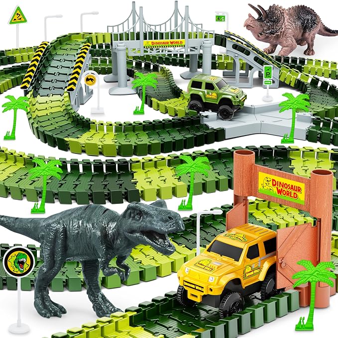 Dinosaur Tracks, 271 PCS Create A Dinosaur World Road Race Kids Boys Toys | Flexible Train Tracks Set with 2 Cool Race Cars, Dinosaur Toys for Age 3 4 5 6 7 8 Year & Up Old Boys Girls Best Gift