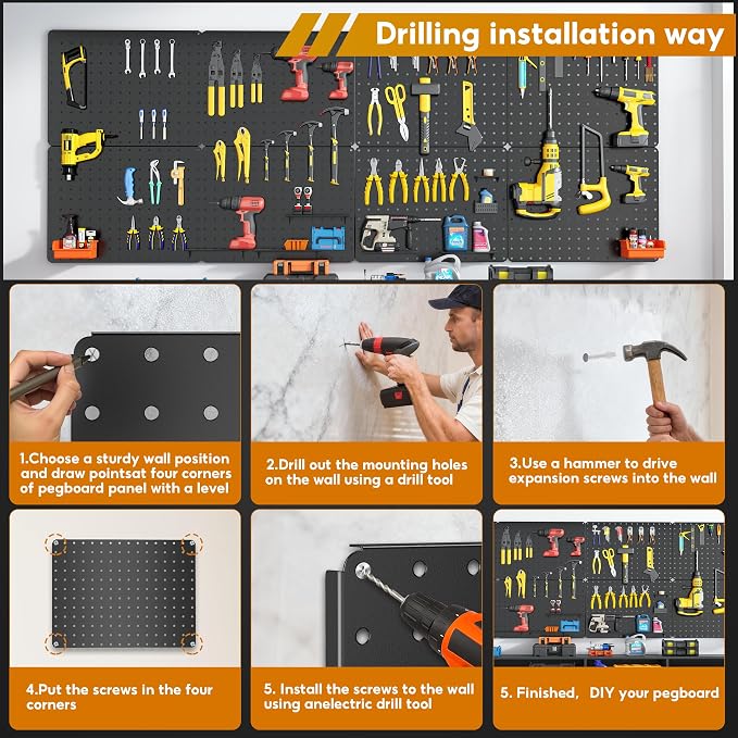 Peg Board, 114PCS Heavy Duty Metal Pegboard with Hooks, 8 Pack Black Peg Board Panels, 60lbs Load Capacity Each, Pegboard Wall Organizer for Garage, Workshop, Kitchen, Craft Rooms