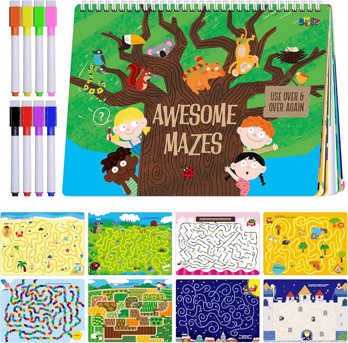 SpriteGru Dry Erase Mazes Game Pad, 30 Mazes Reusable & Erasable Book, Fun Brain Challenge Games Interesting Educational Toy and Learning Tool for Road Trip Airplane Travel