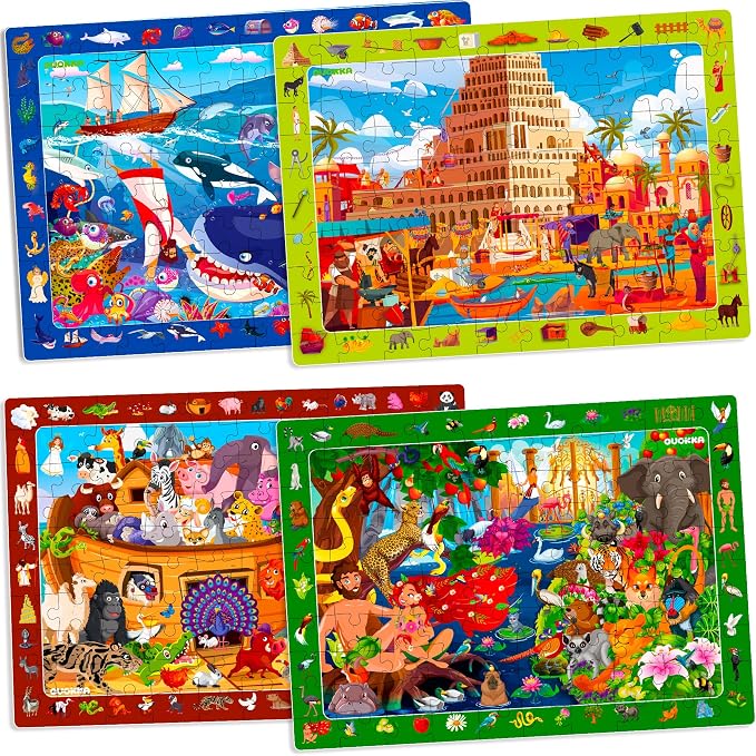 60 Piece Puzzles for Kids Ages 6-8 - 4 Jigsaw Bible Kids Puzzles Ages 4-6 | Christian Religious Puzzles for Kids Ages 8-10 - Noah's Ark Toy - Tower of Babel - Garden of Eden - Educational Children Gift