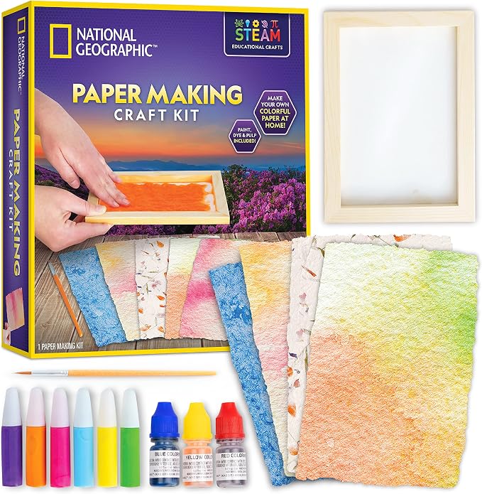 National Geographic Paper Making Arts and Crafts Activity Kit for Kids | Make and Decorate 10 Paper Sheets, Wooden Screen Mold, Paints and Craft Supplies, Scrapbooking, Creative Art Activity