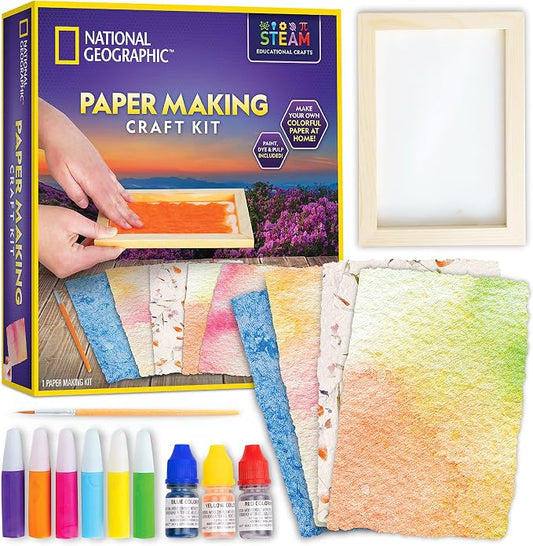 National Geographic Paper Making Arts and Crafts Activity Kit for Kids | Make and Decorate 10 Paper Sheets, Wooden Screen Mold, Paints and Craft Supplies, Scrapbooking, Creative Art Activity