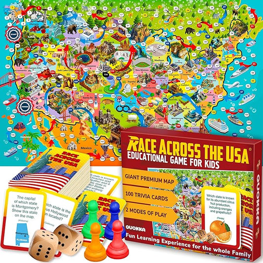 QUOKKA Board Game for Kids 8-12 - Learning, Educational Card Games for Ages 6-8 - Indoor, Outdoor Activity for Teens, Adults, Family - Geography, United States 100 Question Cards with Top Facts