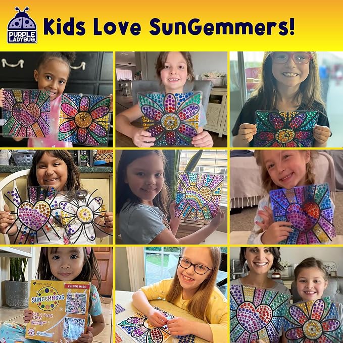 SunGemmers Suncatcher Kits for Kids, No Mess Crafts for 5 Year Old Girls | 2 Designs, Hundreds of Peel & Stick Colorful Gems, Hand-Eye Coordination, Screen-Free Activity, Gift for 6 Year Old Girl