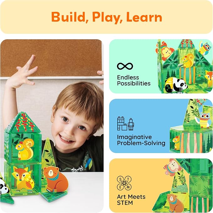 PicassoTiles Magnet Tile Building Blocks Forest Animal Themed Playset with 8 Character Action Figures Educational STEM Learning Construction Kit Pretend Play Magnetic Tiles Toddler Kids Ages 3+ PTQ26