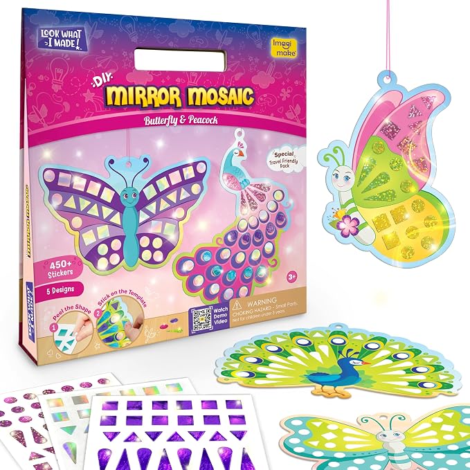 Imagimake Mirror Mosaic - Butterfly & Peacock, 5 Templates, 450+ Stickers | Mess-Free Craft Activity, Screen-Free Creative Art Kit for Kids, Birthday Gift for Boys & Girls Ages 3,4,5,6,7 Years Old