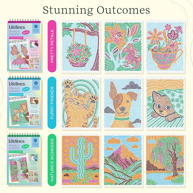 Lifelines FlowArt Mini Activity Pads, 6-Pack, Dot-by-Letter Coloring Books | 30 Markers & 120 Scenes - Guided Art Meditations for Tweens, Adults & Seniors - Dot-by-Letter - Patent-Pending
