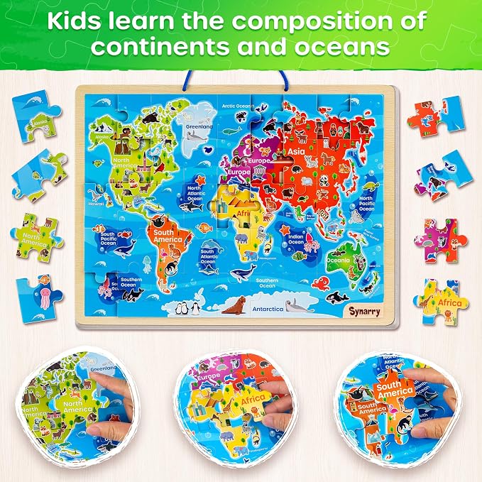 SYNARRY Large USA World Solar System Wooden Magnetic Puzzles for Kids Ages 4-6, Wood Puzzles Educational Games Toys Easter Gifts for Toddlers, United States World Space Map for Boys Girls Ages 3-5 4-8
