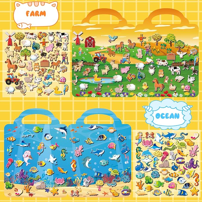Kalysky 6Set Puffy Sticker Books for Kids 2-4, 3D Reusable Stickers Books for Toddlers 1-3 2-4,Farm+Animal+Dinosaurs+Ocean World+Space+Vehicle