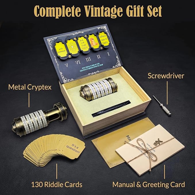 Da Vinci Code Mini Metal Cryptex Lock Puzzle Box – Vintage-Style Password Puzzle with 130 Riddle Cards, Educational Brain Teaser Toy for Kids, Teens & Adults, Gift for Birthday & Christmas