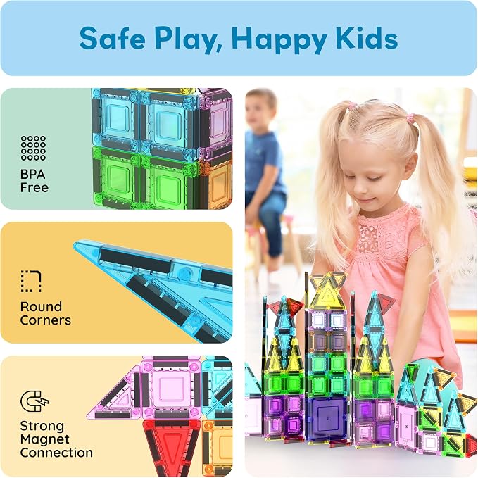 PicassoTiles 100PC Travel Nano Magnetic Tiles Construction Building Blocks Toy with Storage Case Educational STEM Learning Build Kit 3D Magnet Tile Stacking Block Toys for Kids Boys Girls Ages 3+ PN04