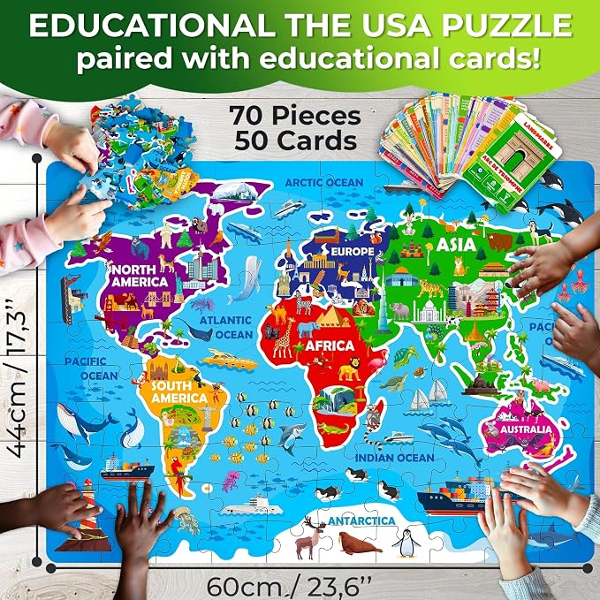 World Map Puzzles for Kids Ages 8-10 - 70 Pcs Jigsaw Kids Puzzles Ages 6-8 | 70 Pcs Floor World Puzzle for Kids Ages 8-12 - 50 Cards with 400+ Fun Facts - Continent Shaped Educational Gift for Ages 4-8