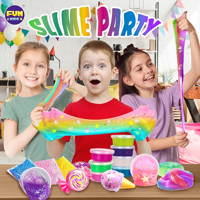 33 Cups Jumbo Slime Kit for Kids, FunKidz Premade Ultimate Slime Pack to DIY Soft, Cloud, Clear, Butter, Glitter, Glow in Dark Slime Making Kit Party Favors Gift Toys for Girls and Boys