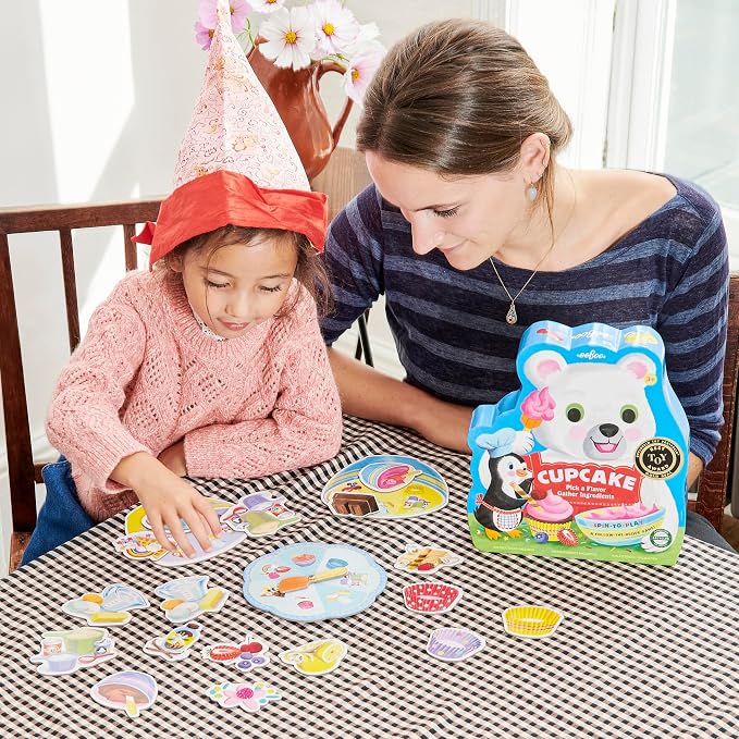 eeBoo: Cupcake Shaped Spinner Game - Animal & Baking Themed Game for Kids, Spin to Collect Ingredients, Preschool, Ages 3+, 2-4 Players