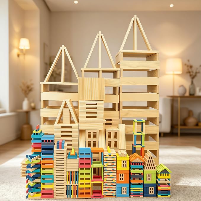 Jumbo 42 Pcs Medium Wooden Building Blocks for Kids,Natural Pine Construction Toy - 9.8 in Large Building Planks for Fast & Satisfying STEM Play, Sensory Motor Skills Family Game Night (20lbs)