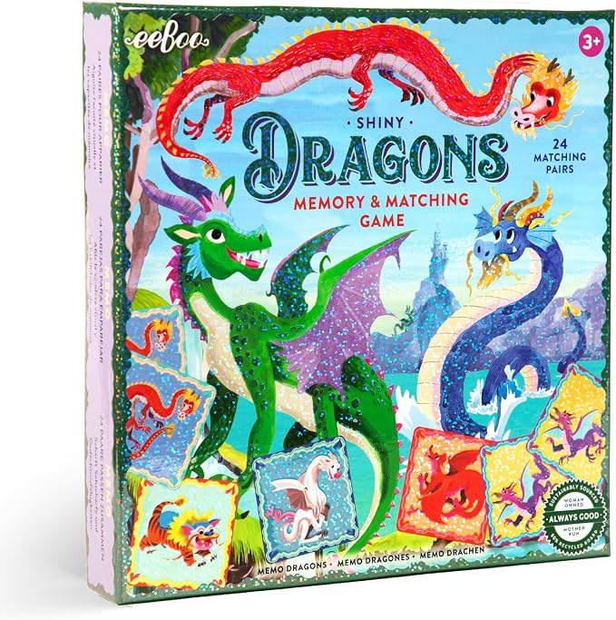 eeBoo Shiny Dragons Memory & Matching Game, Ages 3+, 1-4 Players | Introduces mythical dragons. Sharpens recognition, concentration & memory skills. Includes 48 foil tiles, 24 pairs