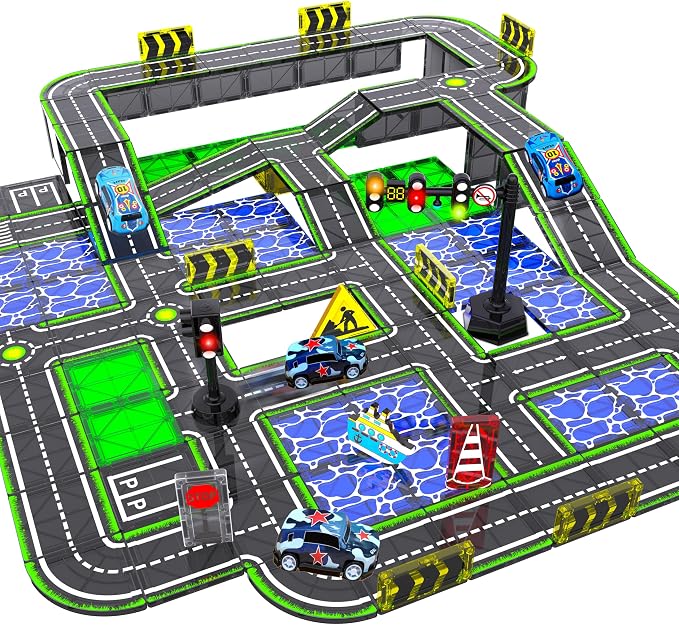 Magnetic Road Tiles Set with Pull-Back Cars,Magnet Building Blocks for Kids Ages 4-8 with Magnetic Ship & Traffic Lights,STEM Educational Preschool Learning Toys,Ideal Gift for Boys and Girls