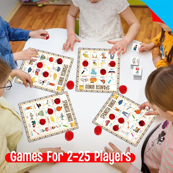 SpriteGru Spanish Bingo Game, 25 Bingo Board Spanish & English Vocabulary Word Game Bilingual Educational Toys for Language Learning - Ages 5 and up (Up to 25 Players)