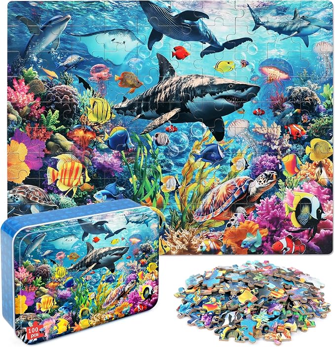 LELEMON Puzzles for Kids Ages 4-6,100 Piece Puzzles for Kids in Metal Box | Educational Underwater World Jigsaw Puzzles Kids Puzzles,100 Piece Puzzle Games Puzzle Toys for Girls and Boys