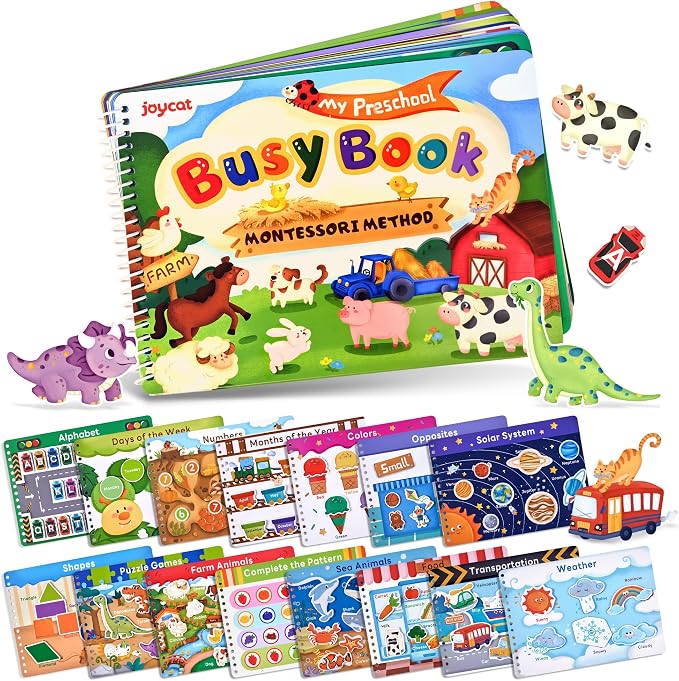 JoyCat Preschool Busy Book for Toddlers 3-5, Learning Activities, Educational Sensory Toys, Autism Learning Material, Back to School, Birthdays Presents for Boys Girls | 15 reusable themes with letters, numbers, colors and matching as autism learning m...