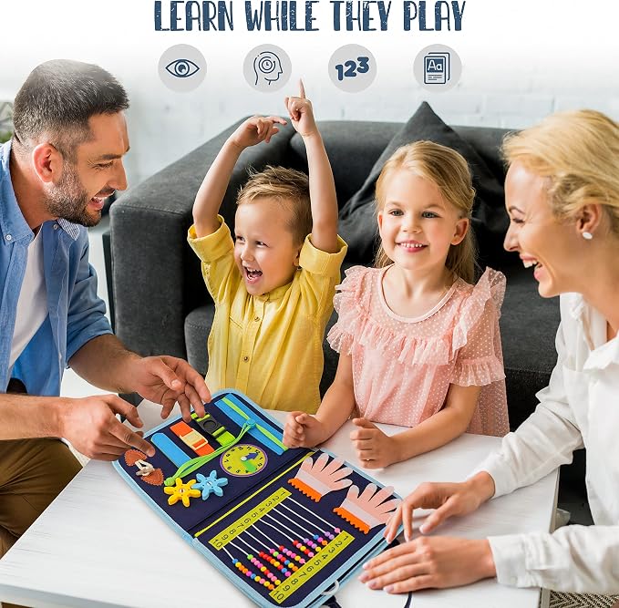Busy Book for Toddlers, Montessori Felt Quiet Book Travel. Ages 3+ | Soft felted wool, securely stitched with no loose pieces. Buttons, zippers and abacus build fine motor skills.