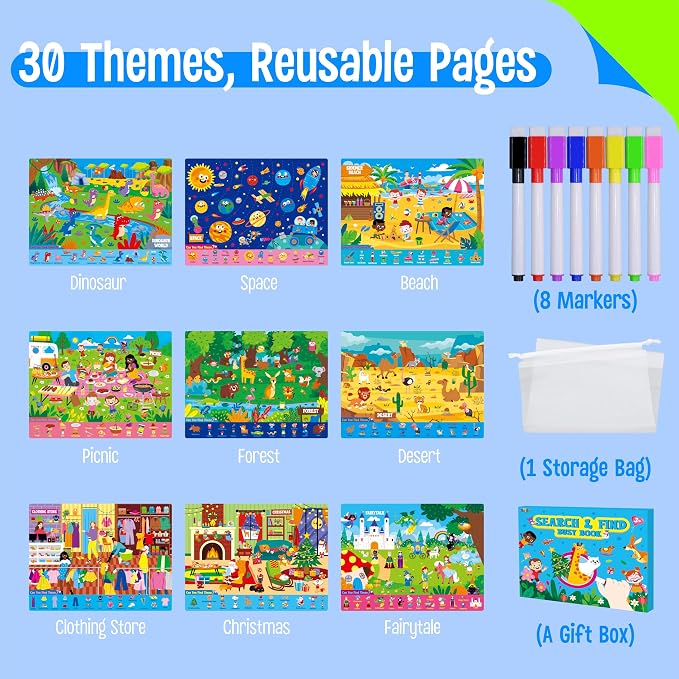 SpriteGru Search & Find Book, 30 Different Themes 32 Pages Activities Book, Montessori Learning Toy Educational Game Autism Sensory Toys for Preschool Girls and Boys