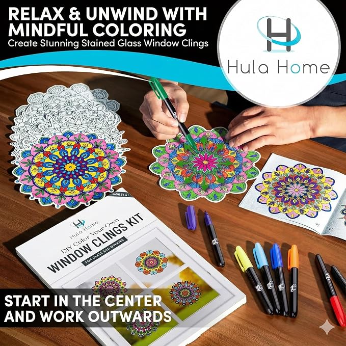 Hula Home Stained Glass Mandala Art Kit - DIY Window Clings with Markers, 10 Suncatchers - Perfect Hobby for Adults, Kids, Teens & Seniors - Ideal Gift for Beginners, Women & Elderly