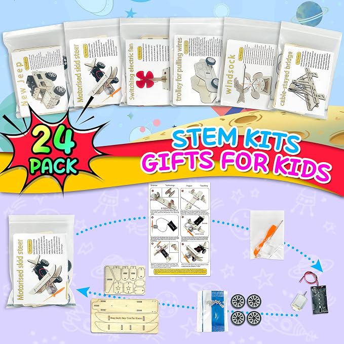 kortes 24Pack STEM Kits for Kids Classroom, Science Building Project Craft for Ages 8 9 10 11 12, 3D Wooden Model Kit, STEM Toys for Boys Girls Birthday Gifts Party Favors School Exchange Gifts