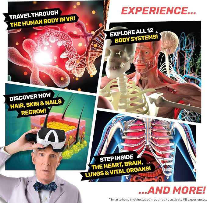 Abacus Brands Bill Nye's Science Squad Body Lab VR- Kids STEM Activity Set | Virtual Reality Goggles, 30-pc Human Anatomy Model, Working Stethoscope, 40-pg Educational Book, Hands-On Experiment, Ages 8+