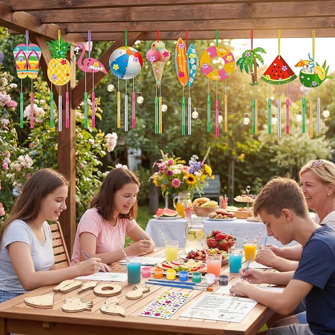 30 Pack Summer Crafts for Kids DIY Wind Chime Kit Wood Paint | Beach Shapes Pineapple Flamingo Ice Cream Watermelon, Paint Brushes Stickers Included, Classroom Birthday Party Activities