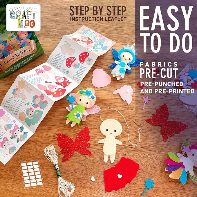 Fairy Sewing Kit for Kids Ages 5-12 - Beginner Kit, 5 Pre-Cut Felt Dolls