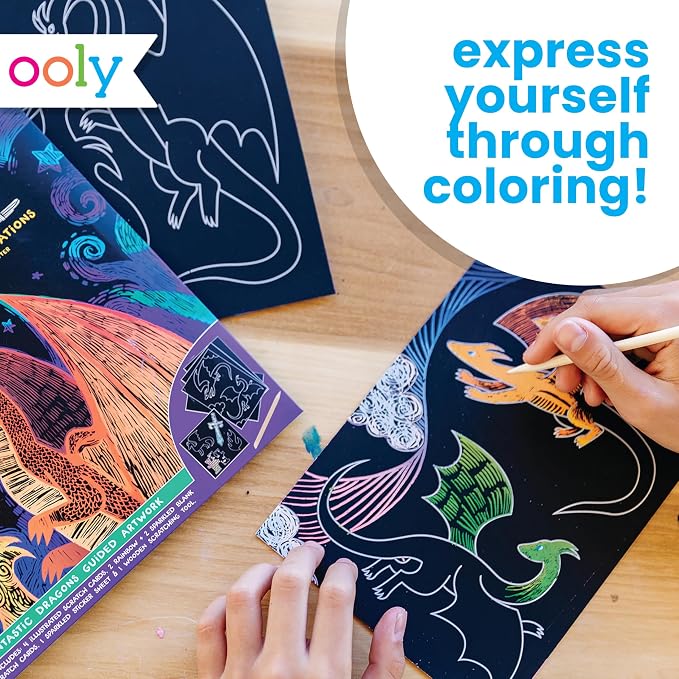 Ooly Scratch & Scribble Art Kit, 8 Cards, Sticker Sheet – Dragons | Ages 6+, Wooden Stylus and Stickers Included, Screen-Free Portable Car and Airplane Travel Activity, Gift for Kids