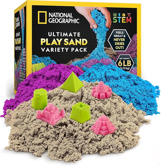 National Geographic Moon Sand 6 Lb. Sensory Play Set with Castle Molds | Blue, Purple & Natural Colors, 2 Lbs. Each, No-Mess Sensory Activity, Indoor Play, Moldable Texture, Creative Building