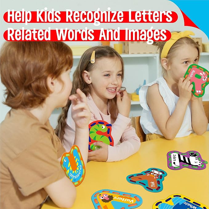 SpriteGru 26PCS Kids Lacing Cards, 26 Double Sided Uppercase Sewing Cards with 26 Colorful Laces, Imagination Development Lacing Toys Games for Children Educational and Learning Activity