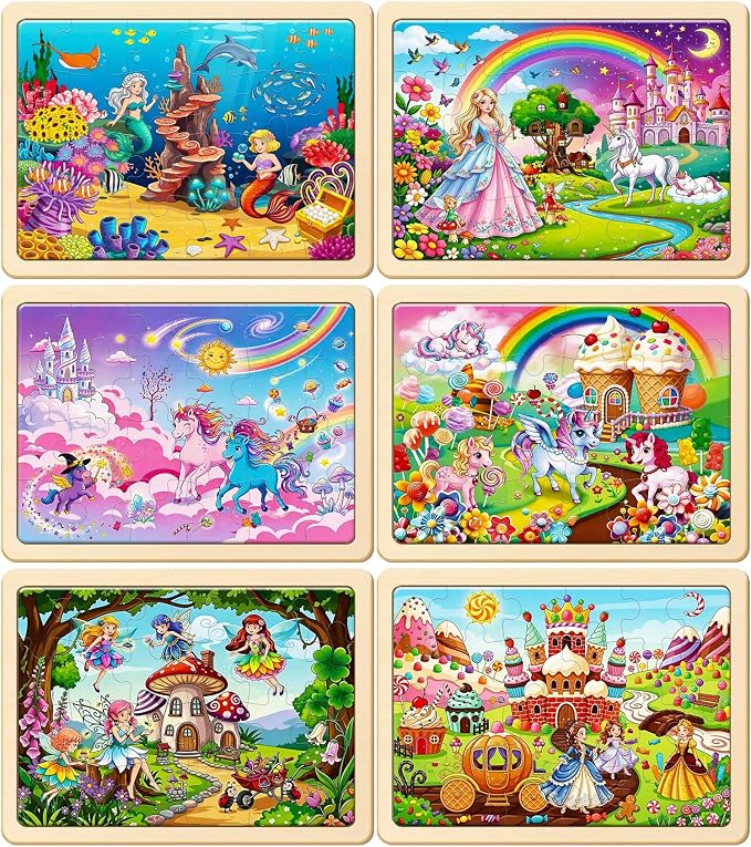 Puzzles for Kids Ages 3-5, 6 Pack Wooden Jigsaw Puzzles 24 Pieces | Unicorn Princess Mermaid Toys, Gift Box, Easter Christmas Birthday Gifts