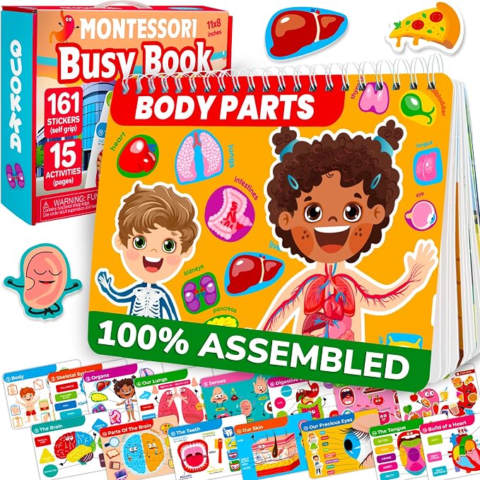 Montessori Busy Book for Kids Ages 4-8 — My Preschool Toddler Busy Book 3-5 | Velcro Human Body Anatomy Busy Book for Learning at Home or Classrooms — Kids Busy Books Come Fully Assembled