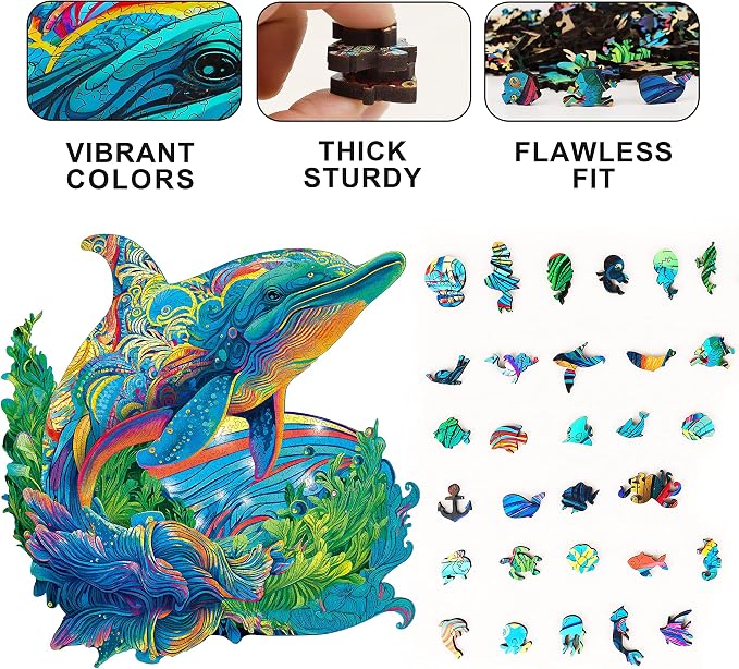 Mys Aurora Wooden Puzzles, Dolphin Jigsaw Puzzles 200 Pieces | Unique Shaped Wooden Puzzles for Adults and Kids, Family Game 11.4x11 Inch