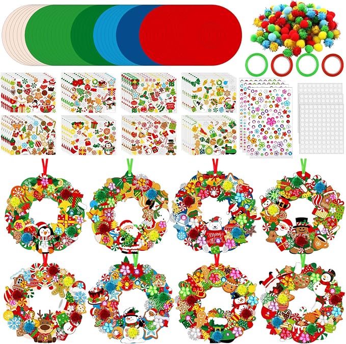 Hollowfly 48 Sets Christmas Wreath Craft Kits with Stickers | 8 Santa, Elk and Penguin Designs, 7.09 in Paper Hanging Ornaments for Christmas Parties and Classroom Activities
