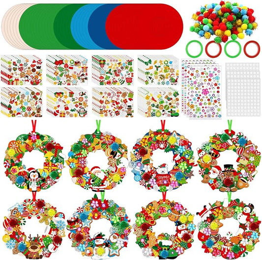 Hollowfly 48 Sets Christmas Wreath Craft Kits with Stickers | 8 Santa, Elk and Penguin Designs, 7.09 in Paper Hanging Ornaments for Christmas Parties and Classroom Activities