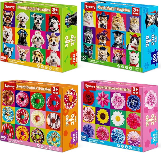 SYNARRY Cat, Dog, Flower & Donut 100 Piece Wooden Puzzles Ages 4-8 | 100 Piece Jigsaw Puzzle for Kids Ages 4-8, Birthday Gifts for Boys & Girls, Hands-On Learning Toys, Screen-Free Play