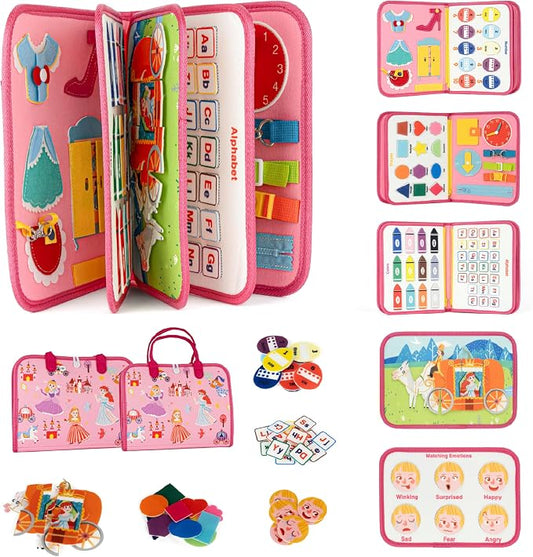 Ibenji Montessori Busy Book for Kids Ages 3+ Sensory Learning Toy with Zippers, Buckles, Letters, Numbers & Puzzles – Travel Quiet Book for Airplane & Car