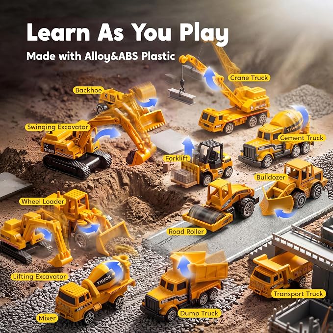 JOYIN 25-in-1 Construction Truck Toy Set with 12 Vehicles & 12 Worker Figures, Push and Go Toy Trucks with Sound and Light, Construction Toys Birthday Gifts for Kids 3 4 5 6 7 Years Old